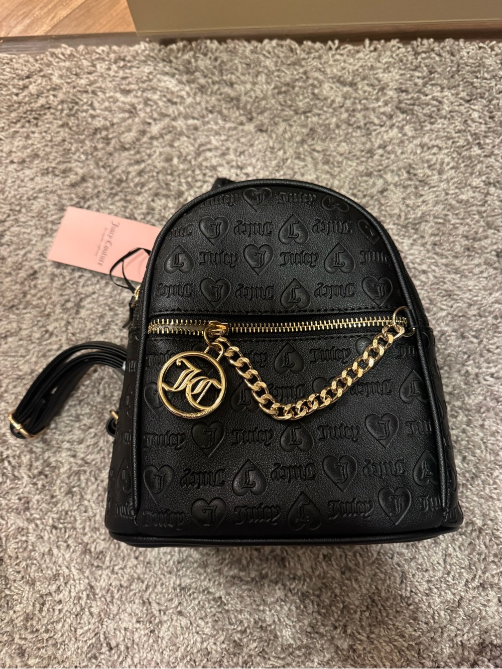 Juicy Couture Black Mini Backpack with Gold Chain Charm Pendant